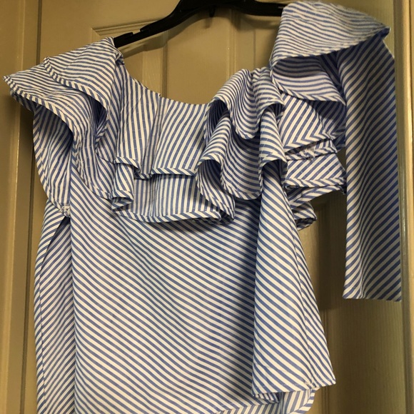 ONE-SHOULDER STRIPED RUFFLE TOP SIZE XS - Picture 4 of 4